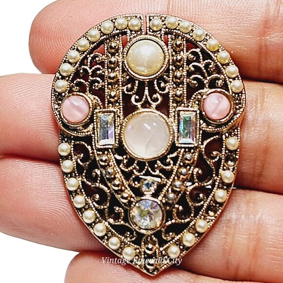 Vtg Intricate Victorian Style Brooch Filigree 3D Pin Goldtone Faux Mixed Stones - Picture 2 of 8